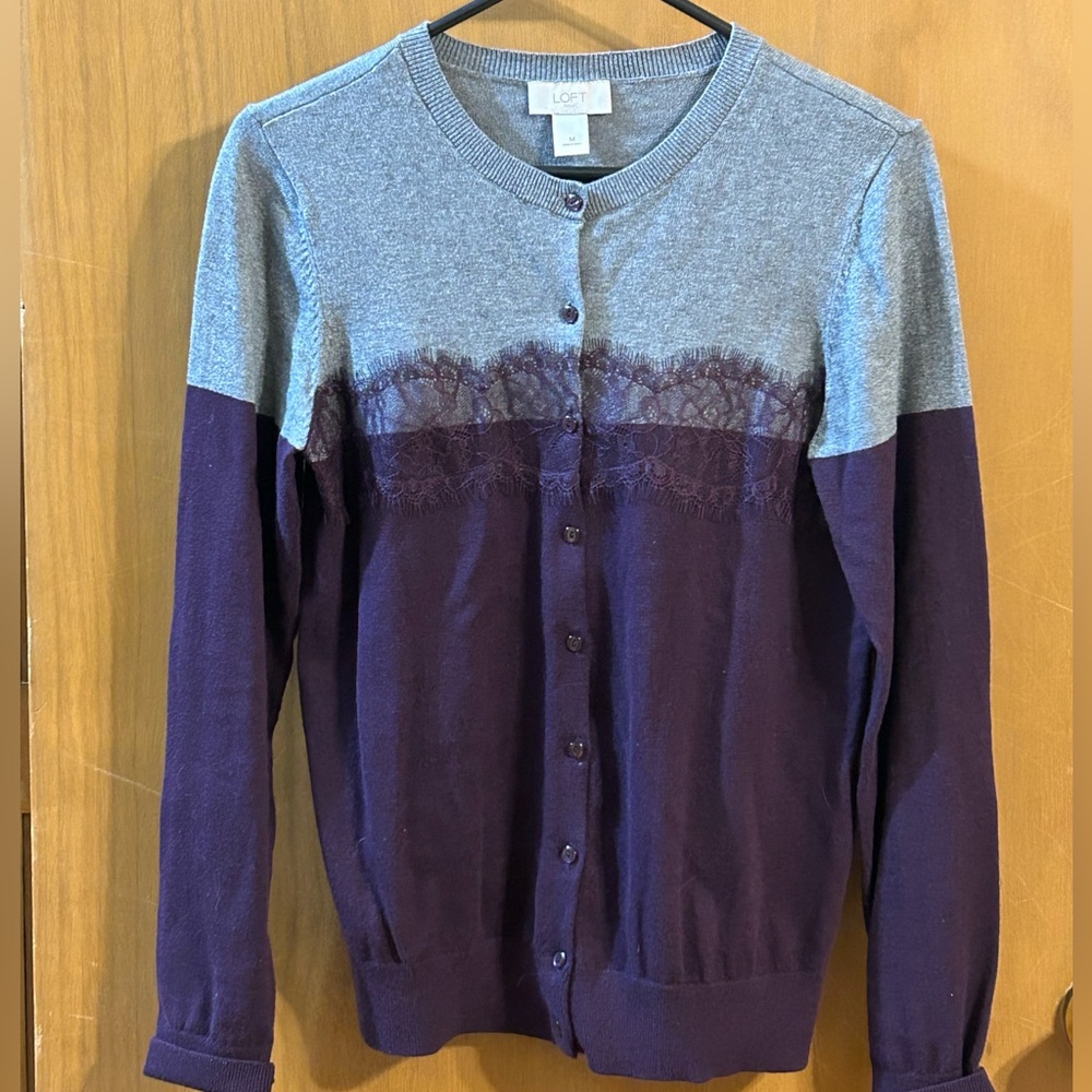 Loft Outlet‎ Purple Gray Lace Button Cardigan Sweater Size Medium